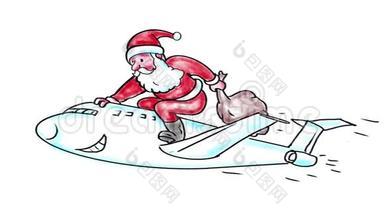 圣诞老人骑着喷气式<strong>飞机水彩</strong>画2D动画